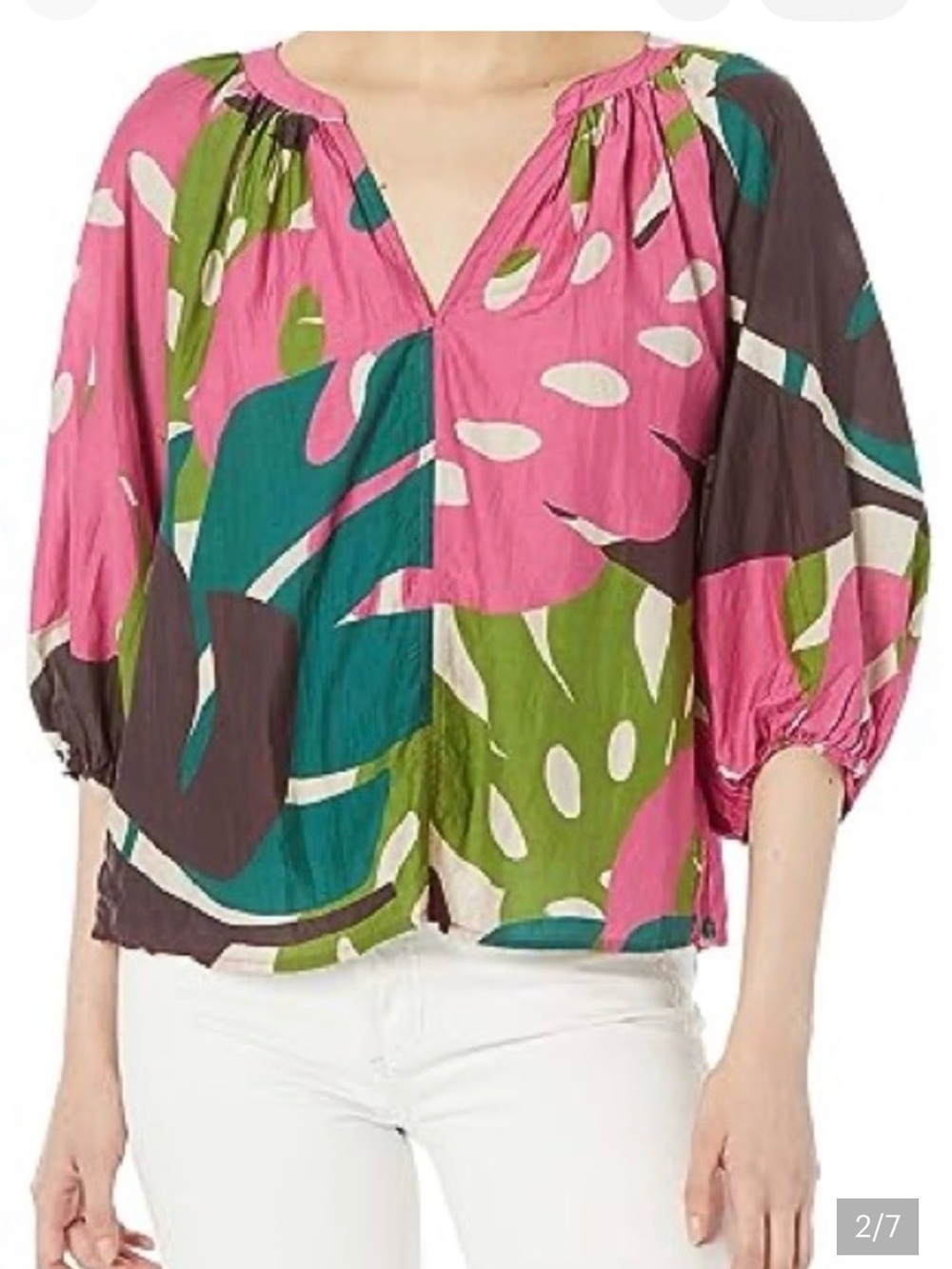 Velvet by Graham & Spencer Pink Multi Floral V Neck Silk Blend Abstract Blouse S - Picture 2 of 10